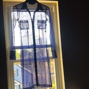 XS navy blue see through knee length long sleeve coverup